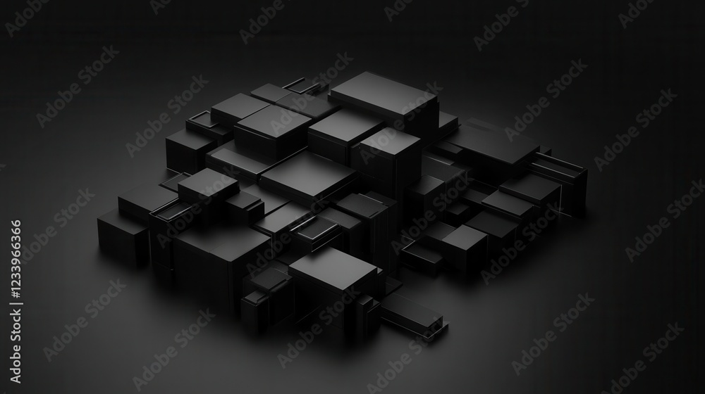 Poster An abstract geometric composition featuring 3D-rendered blocks set against a black background.