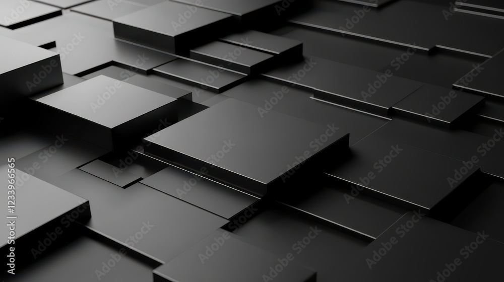 Poster An abstract geometric composition featuring 3D-rendered blocks set against a black background.