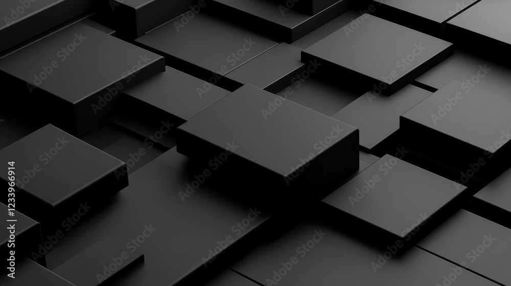 Poster An abstract geometric composition featuring 3D-rendered blocks set against a black background.