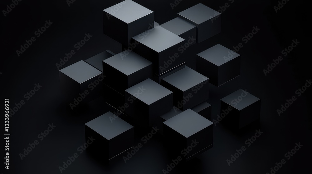 Poster An abstract geometric composition featuring 3D-rendered blocks set against a black background.
