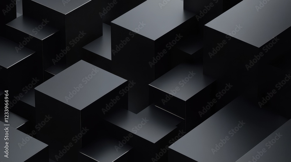 Poster An abstract geometric composition featuring 3D-rendered blocks set against a black background.