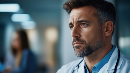 Fototapeta premium Thoughtful Male Doctor Contemplating Patient Care in a Modern Medical Environment
