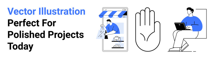 Mobile store app interaction, a raised hand stop gesture, and a person working on a laptop. Ideal for e-commerce, remote work, technology, communication, safety, productivity flat landing page