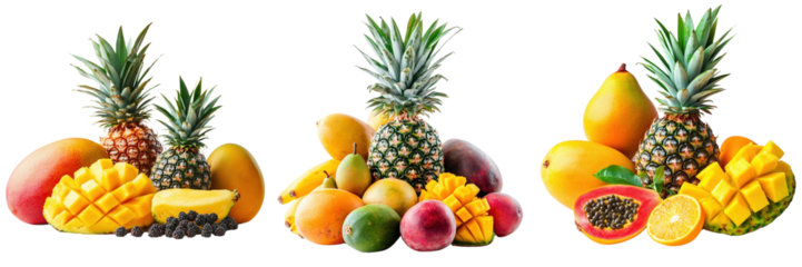 A Set of Brightly Colored Tropical Fruits Including Banana, Kiwi, and Coconut Isolated on Transparent Background