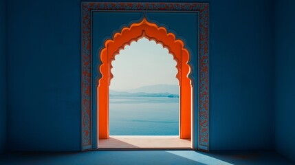 An Indian castle with blue and orange walls and an arched window