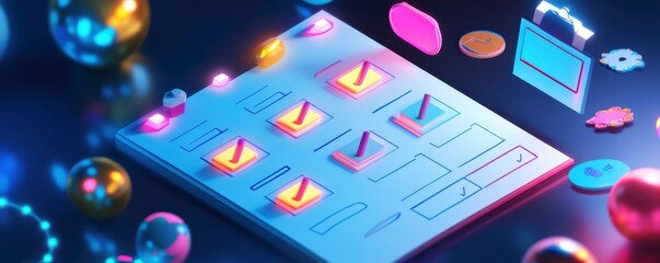 A colorful digital checklist with glowing icons, surrounded by playful shapes and vibrant lights, creating a dynamic and engaging atmosphere.