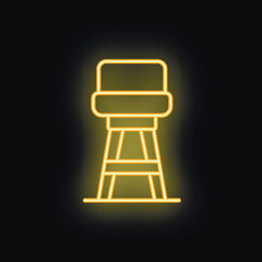 Bright yellow neon sign of a bar stool glowing on a black background
