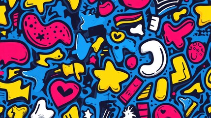 Obraz premium Colorful doodle pattern, vibrant shapes, seamless design, blue background, textile print