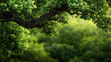 Fototapeta premium Lush green tree branches with vibrant leaves against blurred background
