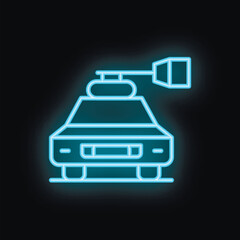 Obraz premium Blue neon icon of a police car driving fast with its siren flashing on dark background