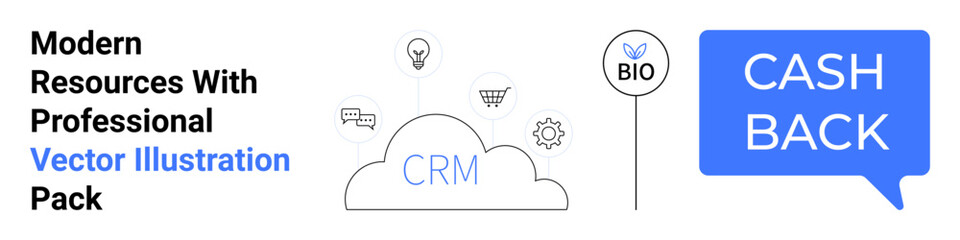 Cloud CRM with gear, shopping cart, and lightbulb, bio label, cashback text bubble. Ideal for SaaS, finance, e-commerce, startups tech innovations cashback incentives flat landing page banner