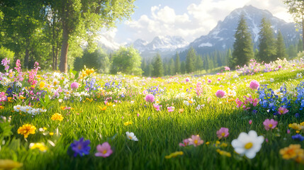 Obraz premium Spring meadow, mountain backdrop, sunlight, flowers, idyllic landscape, nature scene, travel poster