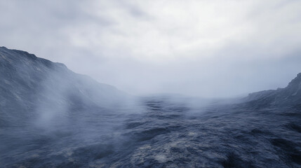 Naklejka premium A rugged valley shrouded in thick, swirling fog, creating a mysterious and atmospheric landscape with a sense of isolation