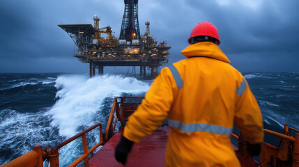 worker in yellow raincoat stands on platform, facing rough seas and offshore oil rig under stormy skies