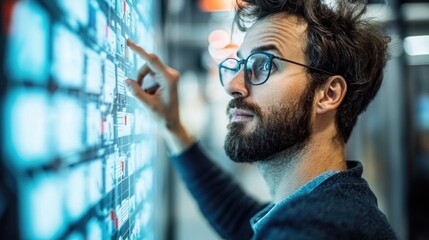 Young professional analyzing data on a digital display