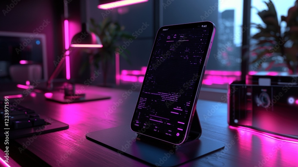 Poster cell phone resting on a desk next to a computer keyboard in a modern workspace setting