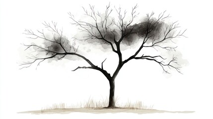 Bare winter tree, white background, grass, nature illustration, design element
