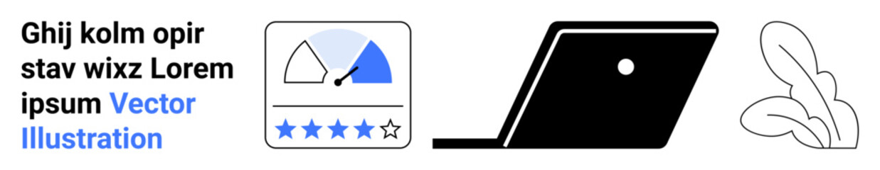 Performance gauge with a star rating, a laptop in side profile, and a potted plant simplify workflow and productivity themes. Ideal for user reviews, office tools, focus, minimalism, feedback