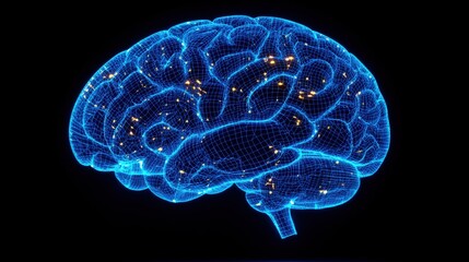 Blue brain illustration with glowing dots representing neural connections and cognitive functions