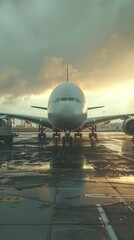Majestic Airplane on Airport Tarmac at Sunset Reflective Runway Commercial Flight