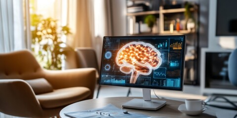 Computer showing hologram of human brain analyzing data in cozy home office, artificial intelligence and machine learning