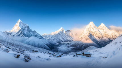 Obraz premium Panoramic view of a stunning snow-capped mountain range with deep valleys and golden-hour light casting long shadows 