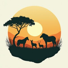 Stylized African Savanna Sunset Vector Illustration: Majestic Horse and Foal amidst Lush Grass and Trees
