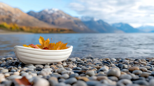 Autumn leaves in boat on pebble beach, mountains background; serene nature scene for website or calendar