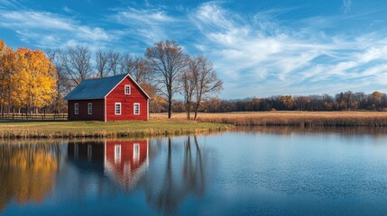 Obraz premium Serene red barn reflecting on a tranquil autumn lake