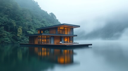 Fototapeta premium Serene Lake House in Misty Mountains: A Modern Architectural Gem