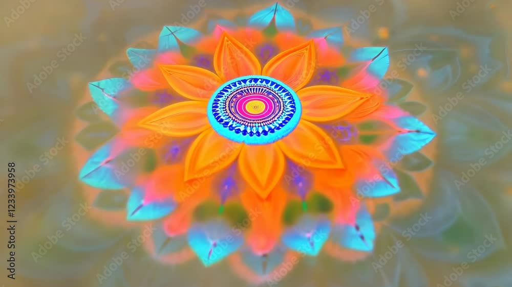 Poster a colorful design with a red center and blue and orange surrounding it. the design is made up of man