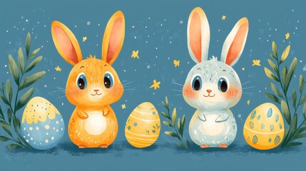 Cute bunnies with Easter eggs and foliage on a blue background.