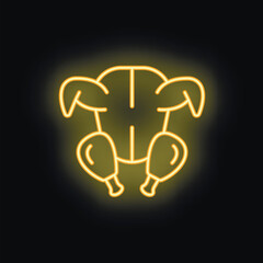 Bright yellow neon icon of a roast chicken glowing on a dark background