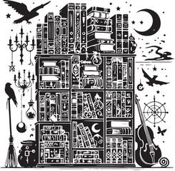 Black Bookcase Silhouette Vector, High Quality Illustration on White Background