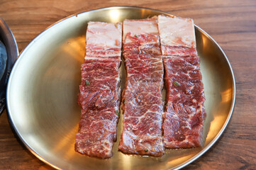 Korean traditional BBQ food. raw beef ribs