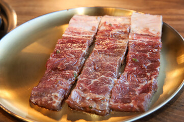 Korean traditional BBQ food. raw beef ribs