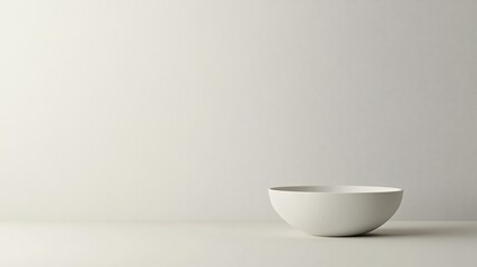 Minimalist white bowl on cream surface, against textured background.