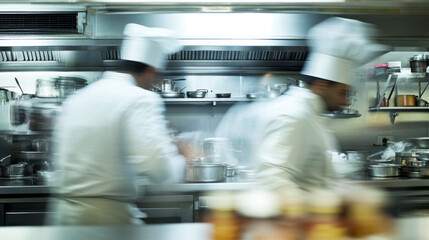 Two chefs in a professional kitchen are working together, their movements creating a blurred effect. The stainless steel counters and equipment reflect the kitchen's intensity