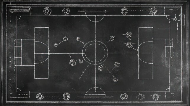 Black chalkboard textured soccer tactics board with detailed strategic placements.