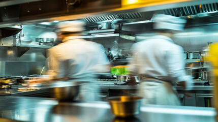 Two chefs in a professional kitchen are working together, their movements creating a blurred effect. The stainless steel counters and equipment reflect the kitchen's intensity
