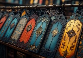 Colorful ornate bookmarks on a display rack with intricate designs for Ramadan

