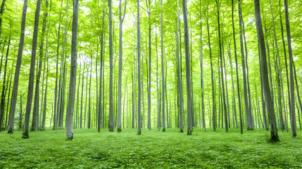 Obraz premium Lush green forest, sunlight dappling, nature scene, spring, background