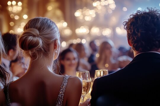 An elegantly dressed audience enjoys a private concert in an upscale venue, surrounded by glowing chandeliers and exquisite gold decor, creating an atmosphere of exclusivity