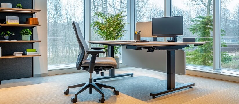 Modern desk, chair, and monitor set up in an office space.