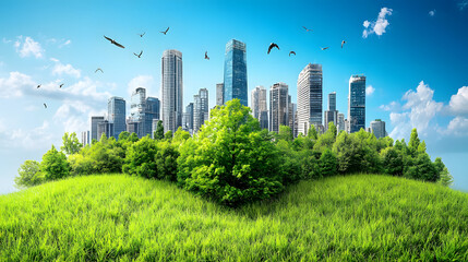 Fototapeta premium A vibrant city skyline surrounded by lush greenery and hills, showcasing a harmonious blend of nature and urban development under a bright blue sky