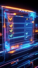 Obraz premium A glowing, futuristic interface displays checkboxes with colorful indicators, suggesting digital task completion in a high-tech environment.