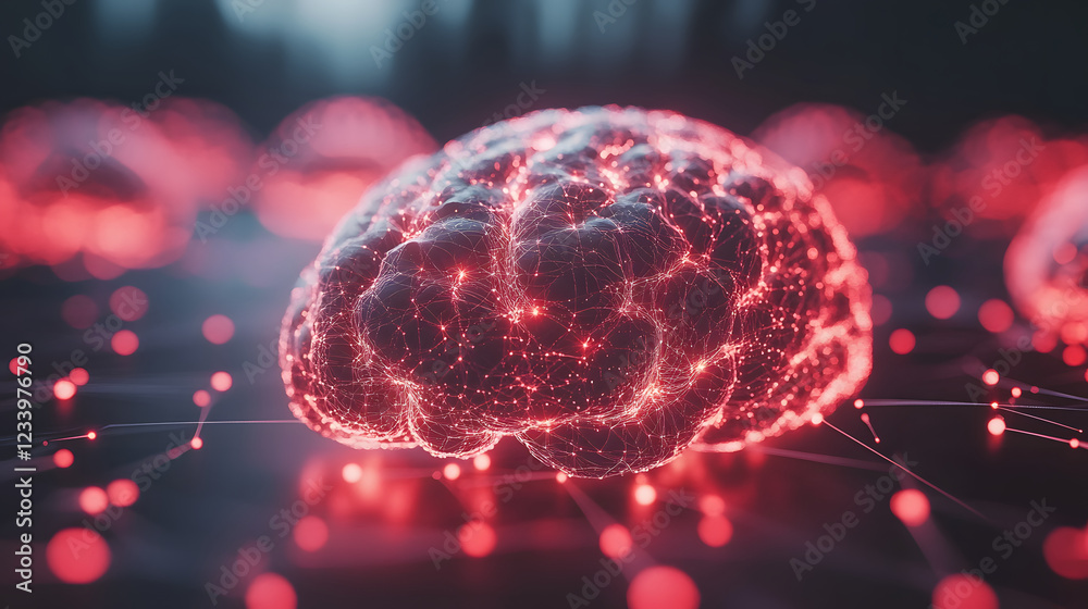Poster a vibrant, stylized brain connected by glowing neural pathways, representing advanced technology and