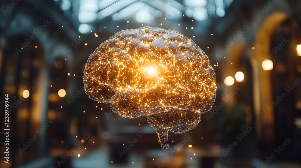 Poster A glowing brain made of interconnected particles, symbolizing intelligence and creativity, set in an elegant indoor space with soft lighting