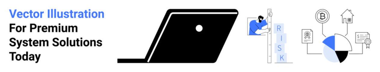 Open laptop surrounded by conceptual diagrams including risk analysis blocks, pie chart, and digital icons. Ideal for technology, strategy, business planning, cybersecurity, analytics, innovation