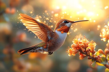 Fototapeta premium Hummingbird in Golden Light: Nature's Elegance and Delicate Balance